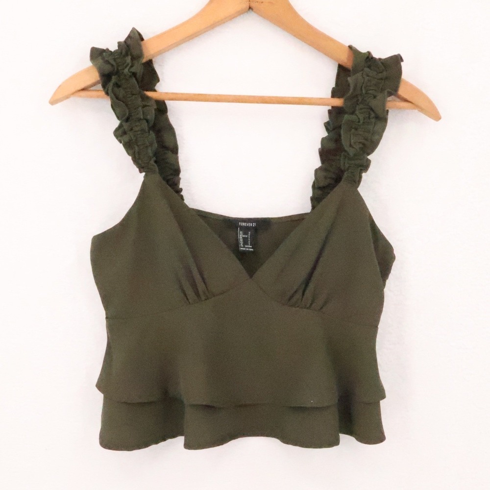 Olive Green Babydoll Crop Top Womens Size S Ruffle Tiered Minimalist Festival